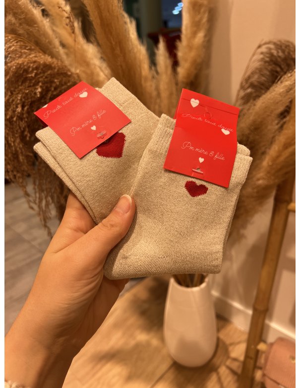 Chaussette coeur mère / fille - vanille