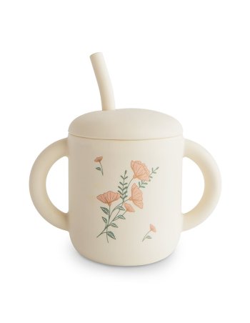mushie Tasse d'apprentissage + paille silicone - Pink flowers