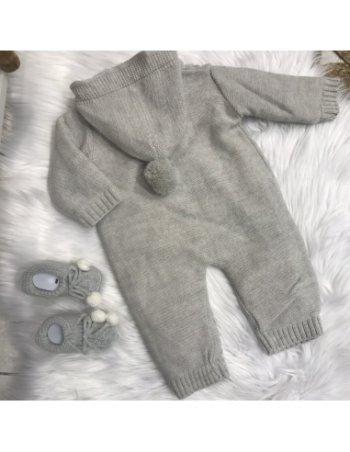 combinaison tricot gris à capuche pompon 2