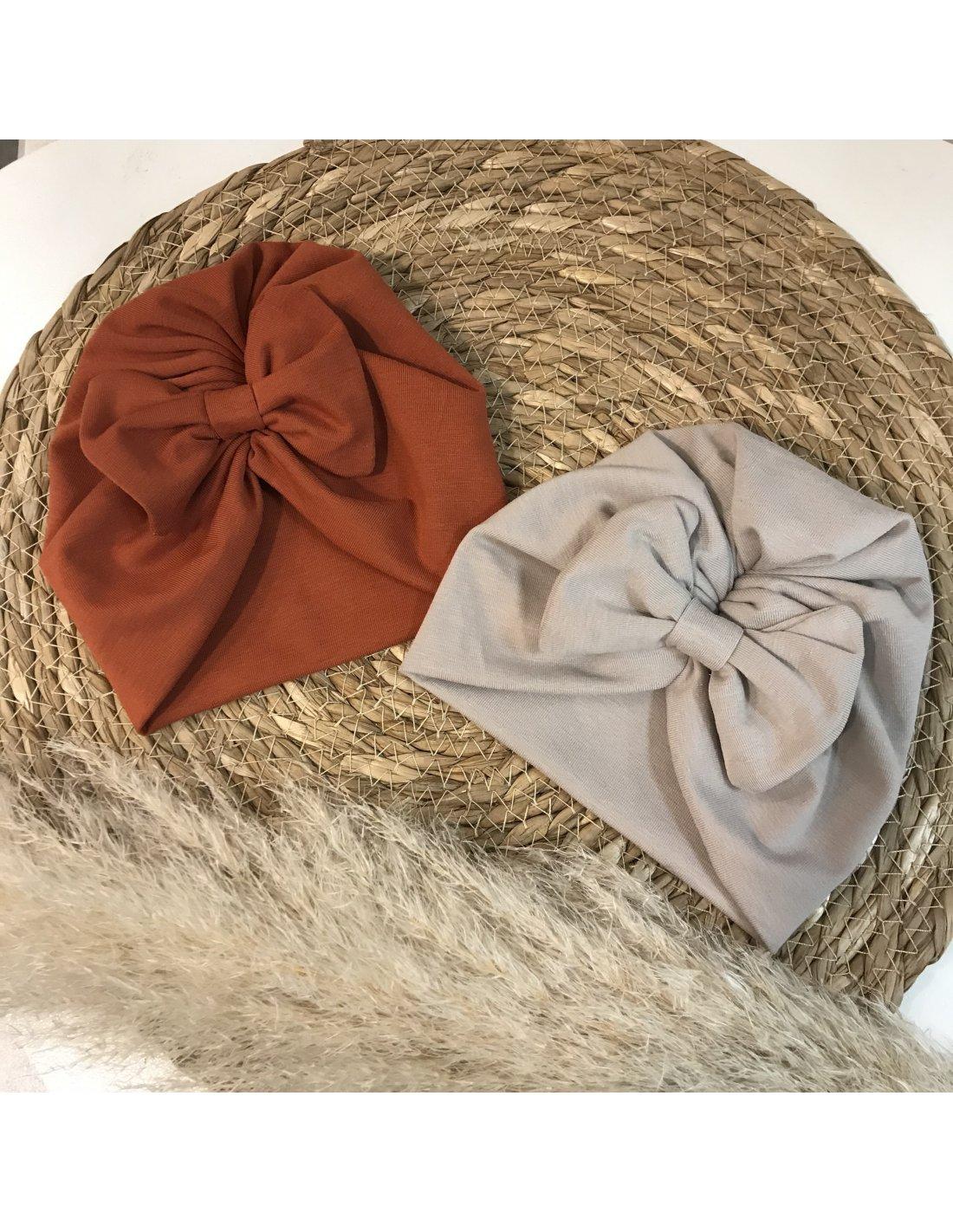 Turban jersey beige noeud gaze de coton bébé - Bonnet turban et bandeau  fait main