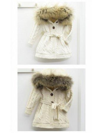 Manteau tricot capuche fourrure fille