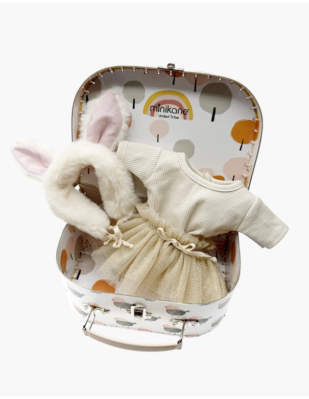 Ensemble “Lapin” fille avec body maille côtelée / tutu / headband lapin dans sa valisette