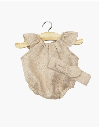 Barboteuse - Minikane Clara et son headband en lin lavé nude