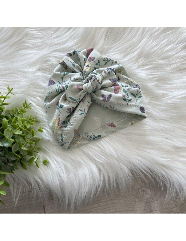 Turban vert d'eau jersey de coton motif