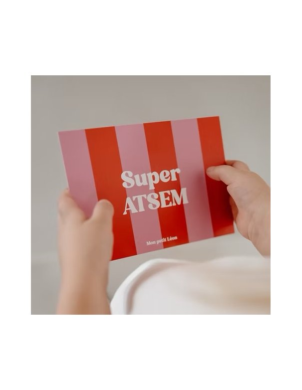 Carte A6 SUPER ATSEM rayures rose rouge