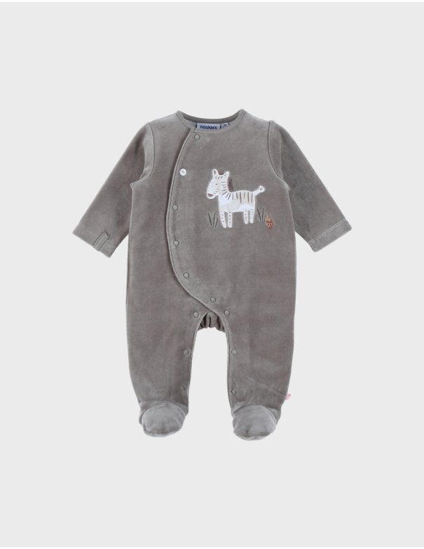 Pyjama bébé en velours kaki avec broderie zèbre - Noukie's