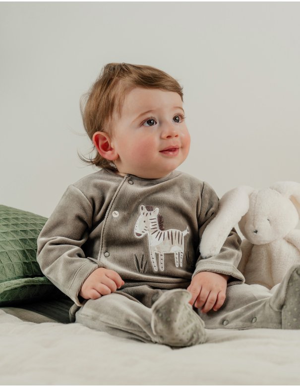 Pyjama bébé en velours kaki avec broderie zèbre - Noukie's