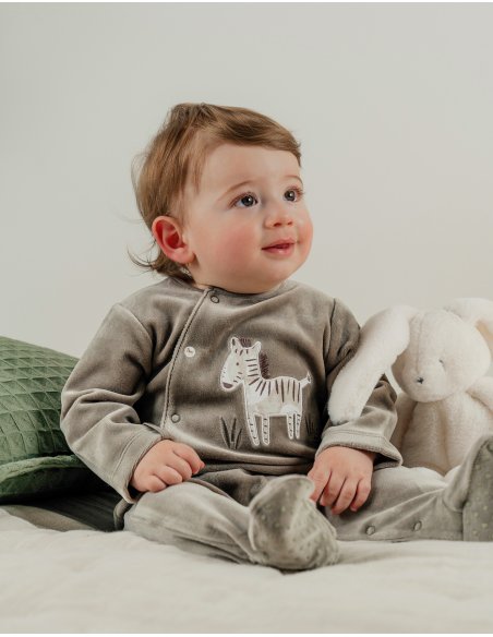 Pyjama bébé en velours kaki avec broderie zèbre - Noukie's
