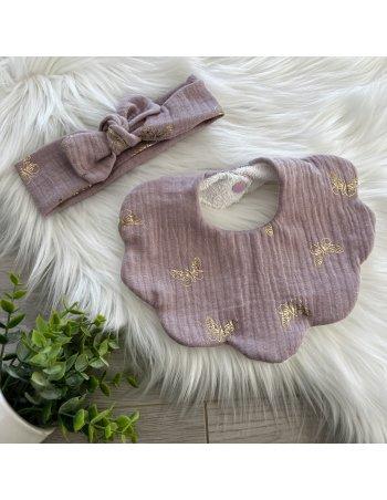 Ensemble bavoir & bandeau gaze de coton papillon