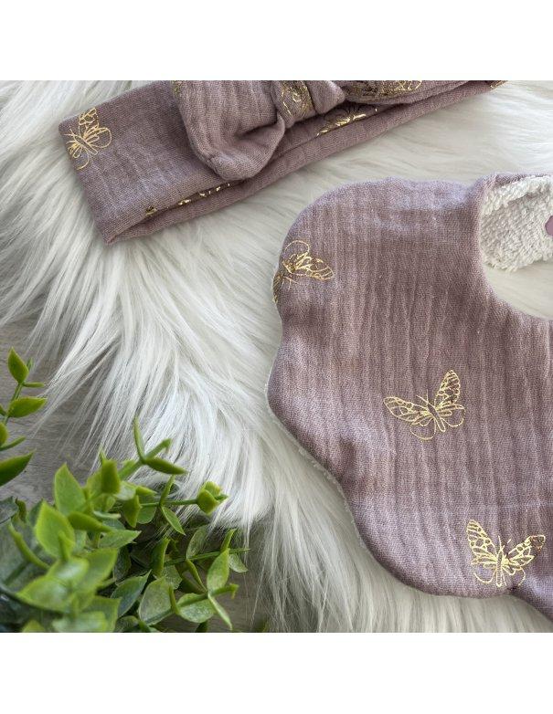 Ensemble bavoir & bandeau gaze de coton papillon Ensemble bavoir & bandeau gaze de coton papillon