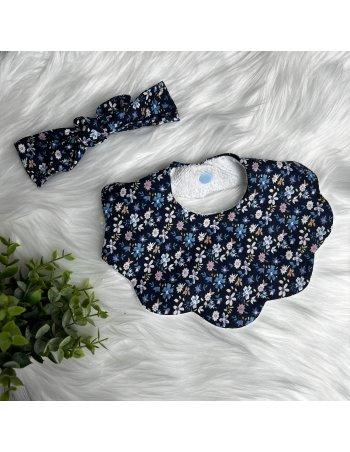 Bavoir en tissu réversible bleu à fleurs et bandeaux assortis bébé fille 🎀