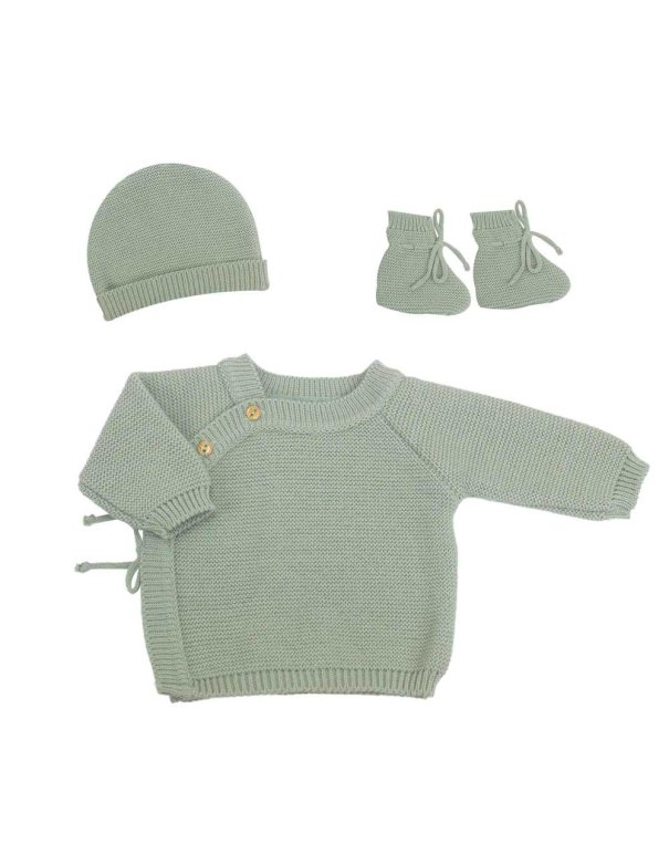 Lot naissance en maille - Brassière chaussons et bonnet - Vert olive - Trois Kilos Sept