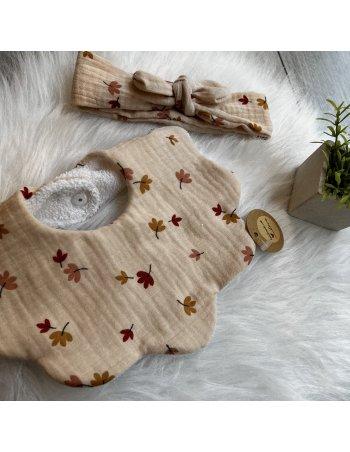 Ensemble bavoir et bandeau gaze de coton leaves 2