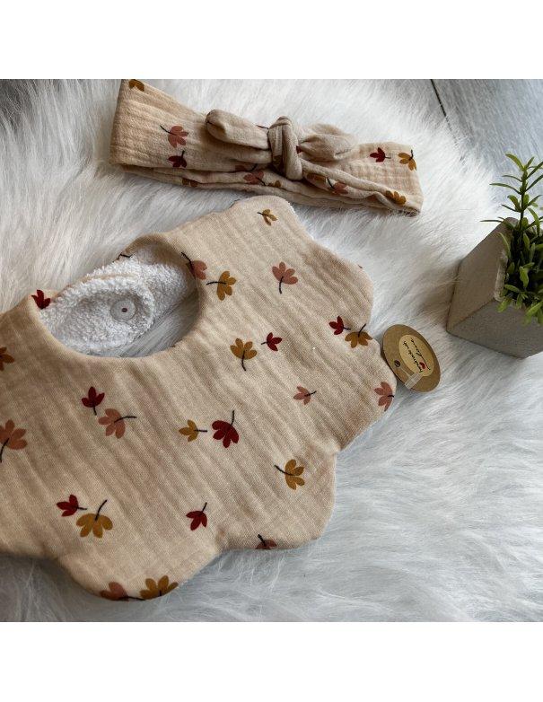 Ensemble bavoir et bandeau gaze de coton leaves
