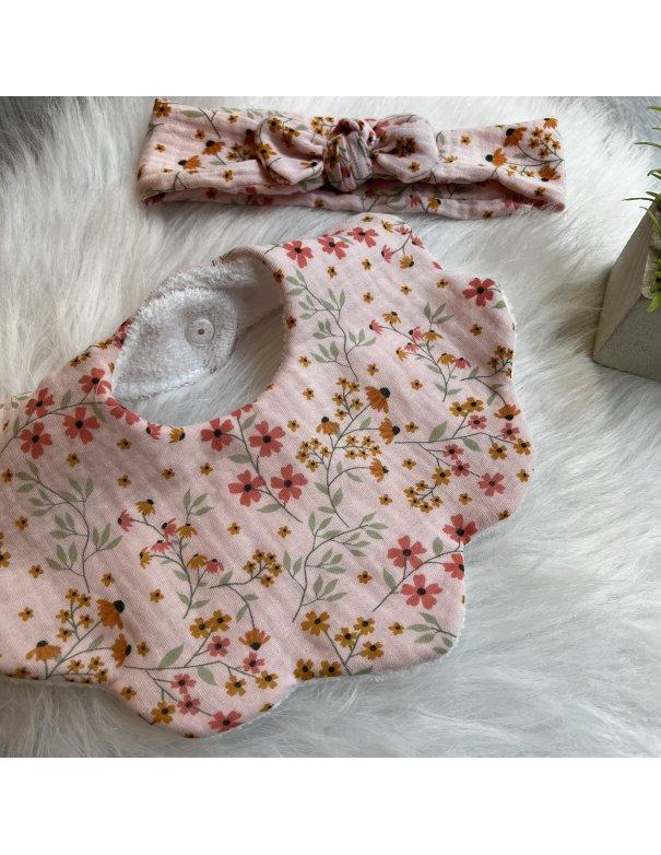 Ensemble bavoir et bandeau gaze de coton fleuri