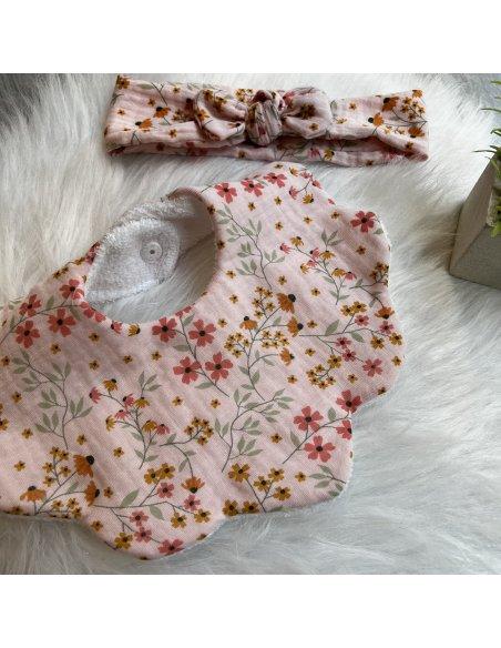 Ensemble bavoir et bandeau gaze de coton fleuri