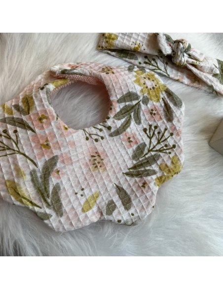 Ensemble bavoir et bandeau gaze de coton fleuri