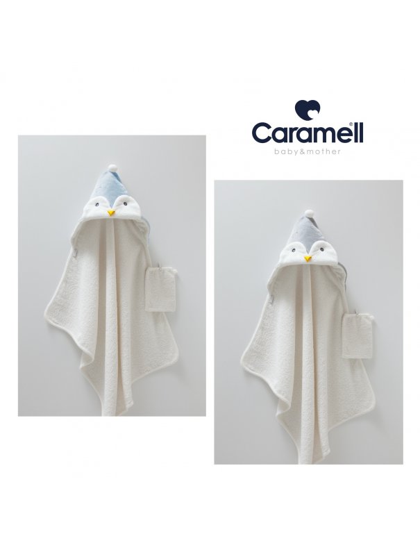 Cape de bain + gant pingouin bleu Caramell