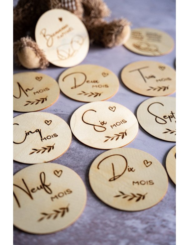 Cartes étapes "Premiers mois" bébé bois