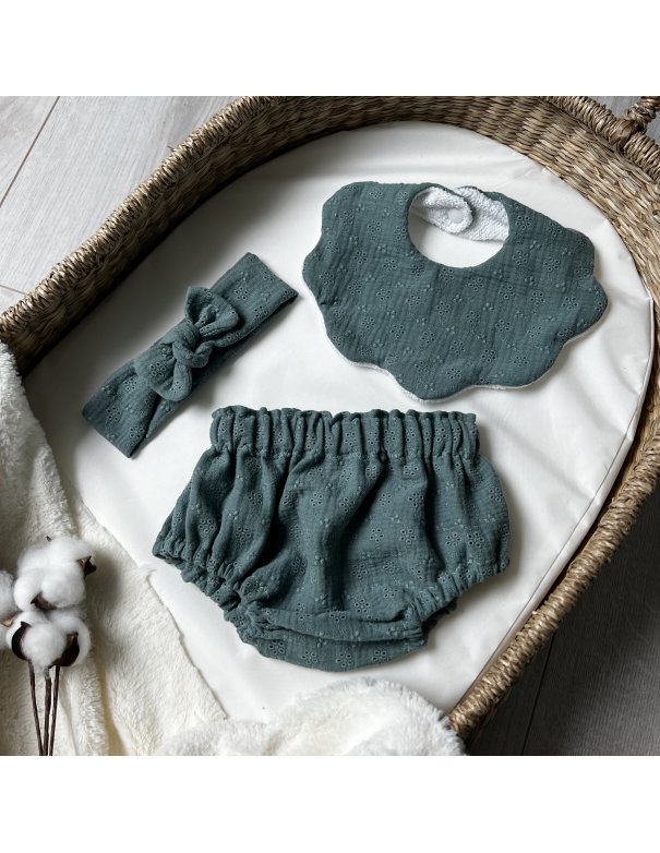 Bloomer gaze de coton brodé vert amande