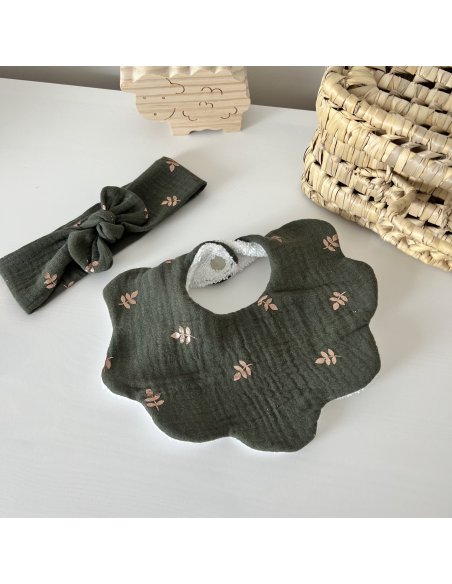Ensemble bavoir fleur et bandeau en gaze de coton kaki