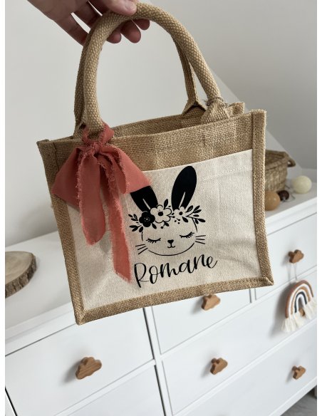 Sac en jute lapin couronne fleuri personnalisé