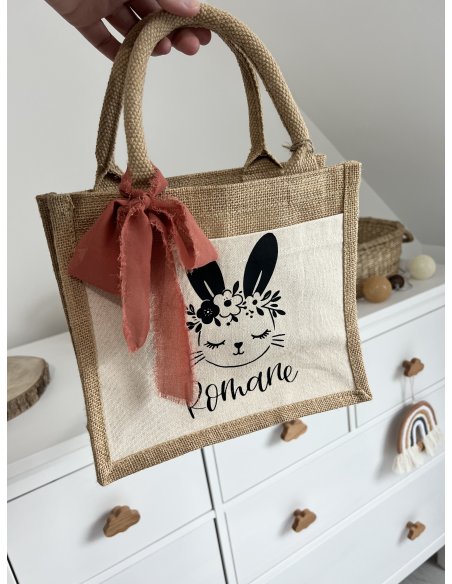 Sac en jute lapin couronne fleuri personnalisé