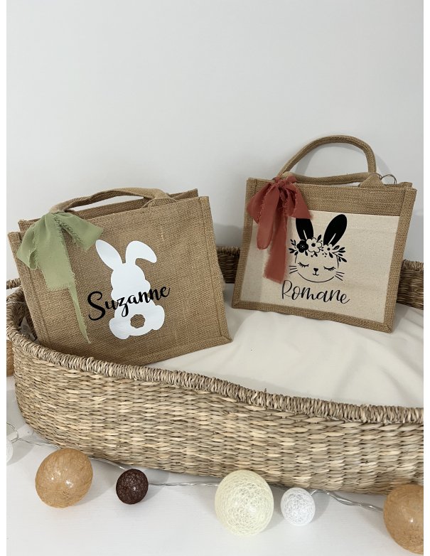 Sac en jute lapin couronne fleuri personnalisé