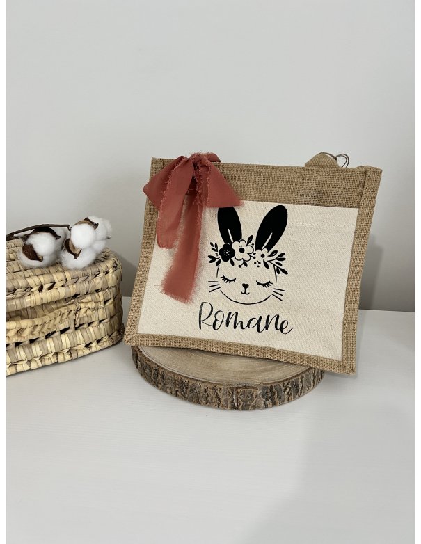 Sac en jute lapin couronne fleuri personnalisé