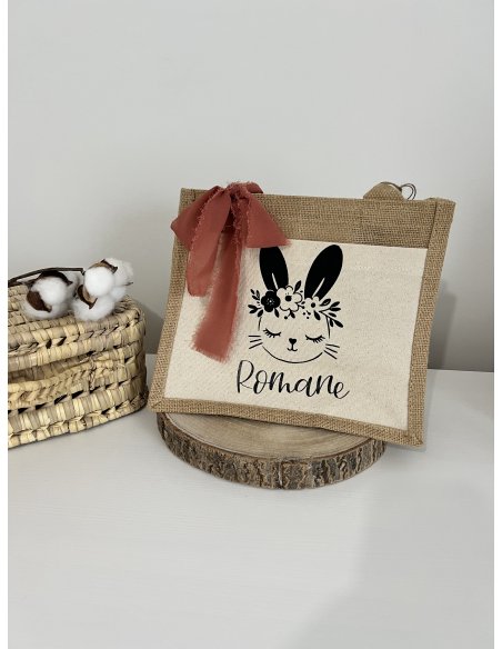 Sac en jute lapin couronne fleuri personnalisé
