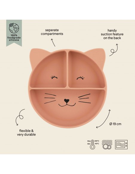 Assiette avec ventouse en silicone et compartiments - Mme Chat