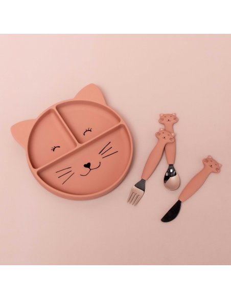 Assiette avec ventouse en silicone et compartiments - Mme Chat