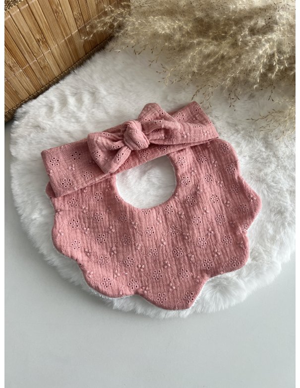 Bavoir fleur et bandeau réglable broderie anglaise vieux rose