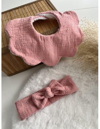 Bavoir fleur et bandeau réglable broderie anglaise vieux rose 2