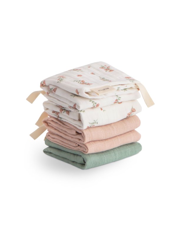 Lot de 5 langes en coton - Fleurs rose mushie