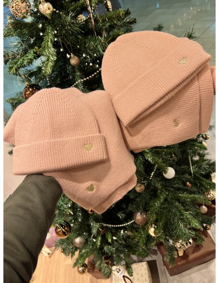 Ensemble bonnet + écharpe coeur ROSE
