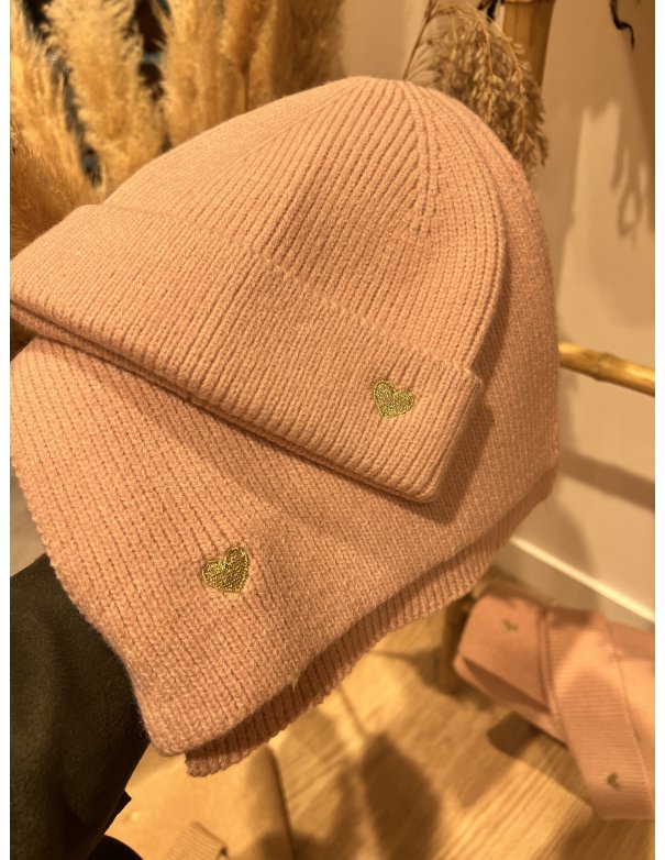 Ensemble bonnet + écharpe coeur  ROSE